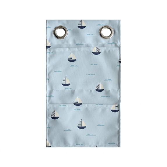 Nautical Hanging Pocket Organizer, Ships in the Ocean Sailing Shower Waves of Sea Cartoon, Printed Polyester Storage Bag with Pockets, 9" x 27", Pale Blue Cream