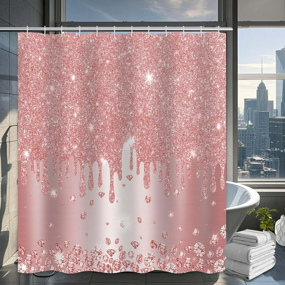 Pink Shower Curtain Sparkle Shimmer Bathroom Decor Shiny Bath Curtain, (No Glitter), Waterproof Cloth Fabric with Hooks-36"W x 72"L (Pack of 1)