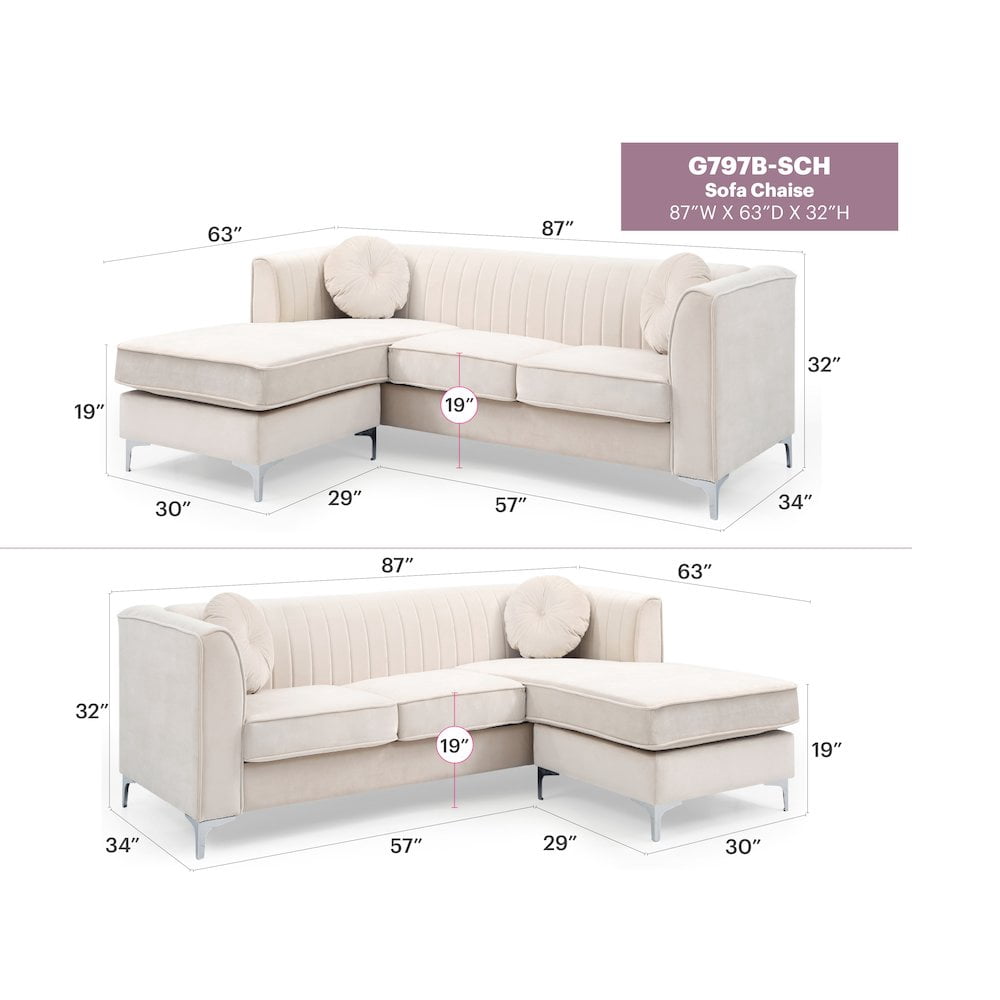 Glory Furniture Delray Sofa Chaise in Ivory Color