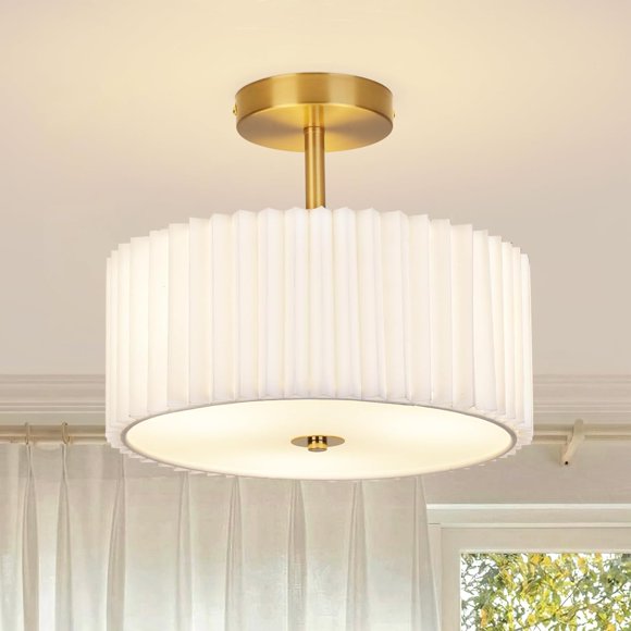 Modern Semi Flush Mount Ceiling Light with Pleated Fabric Shade, 12.5” Drum Gold Light Fixture with Lights, Warm White Linen Lamp for Bedroom, Living Room, Dining Room, Hallway, Kids Room
