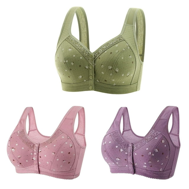 Timegard 3pc Plus Size Bras for Women Front Closure Button Full Support Bralette Comfort Seniors Bras