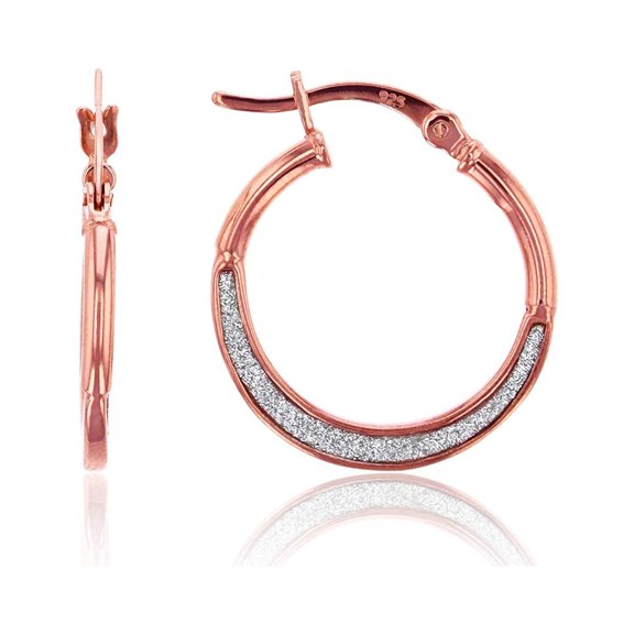 Decadence Sterling Silver Rose Gold Plated Glitter Hoop Earrings for Women | 1.5x20mm Round Hoop Earrings | Secure Snap Bar Closure | 14k Shiny Sparkle Pave Sand Classic Earrings