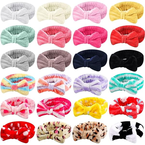 wonima44 WILLBOND Spa Headband Bow Hairband Facial Makeup Women Face Wash Adjustable Skincare Headbands Flannel Towel Soft Head Wraps for Women Shower Washing Face (Stylish,24 Pieces)