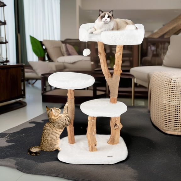 Pefilos 44" Modern Cat Tree Tower for Indoor Cats with Perch, Solid Wood Cat Tree House with Scratching Posts for Large Cats, White
