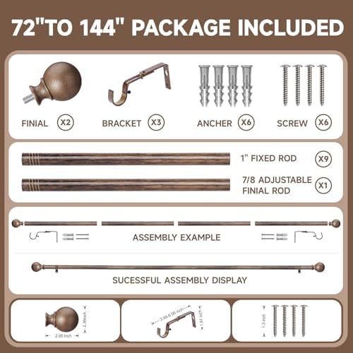 Walnut Wood Curtain Rods for Windows 72 to 144 Inch(6-12ft) - 1'' Diameter Heavy Duty Curtain Rods with Imitation Wood Grain Pattern Finials,Adjustable Decorative Curtain Rods Set,28-144''