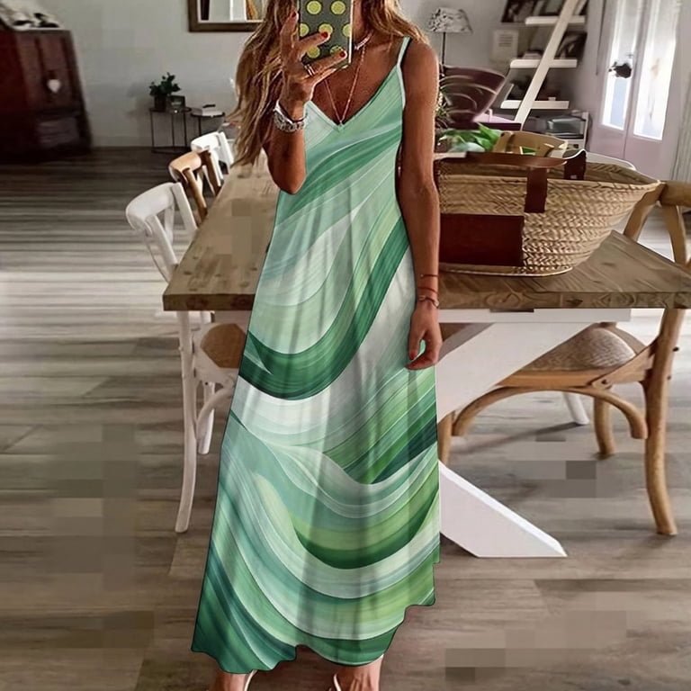 Sage Green Abstract Art Sleeveless Suspender Dress Summer Fashion Casual  Long Dress - Walmart.com