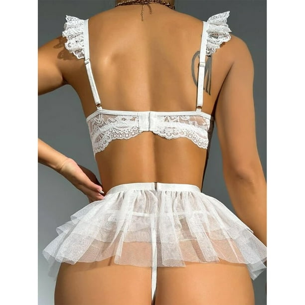  VQLTZQU Women's Lingerie Set with Open Crotch Fun Underwear  Sexy Strap Hollow Out Fashion Lace Mesh Lingerie with Garter Skirt :  Clothing, Shoes & Jewelry