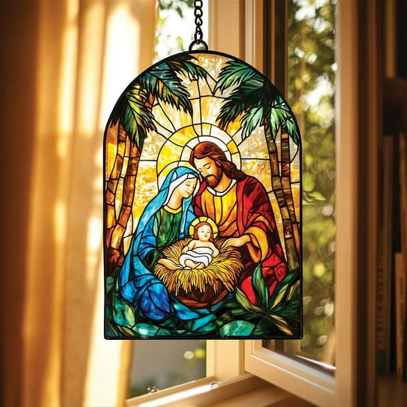 Nativity Catholic Suncatcher Ornament, Religious Acrylic Window Hanging, Jesus Nativity Scene Christmas Decoration, Christian Gift for Home