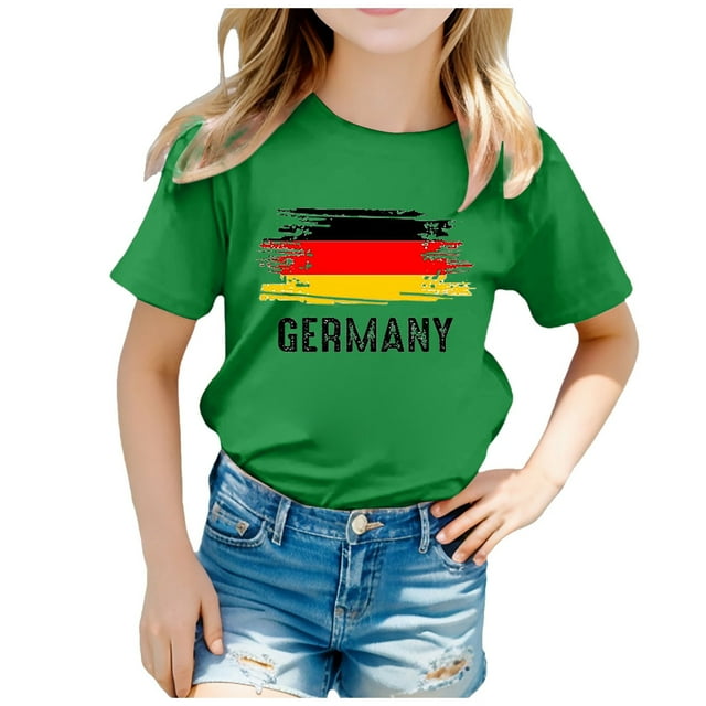 LUOGENLI T-Shirt pour Filles Enfants Drapeau de l'Allemagne Imprimé Manches Courtes Col Rond T-Shirt Floral Tendance Mode Chandail de Base Hauts Maxi Chemises pour Filles Été Lin Vert 3-4 Ans