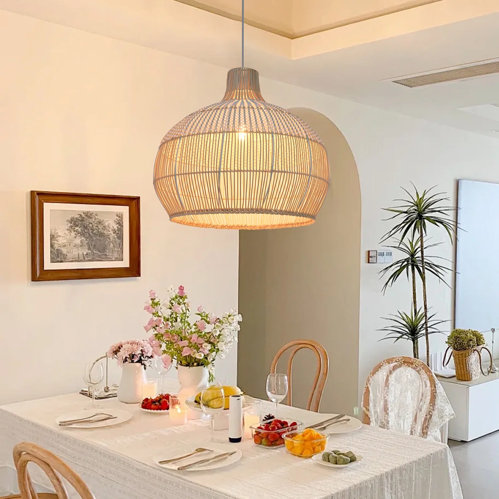 Arturesthome Rattan Pendant Light Fixture Hand-Woven White Wicker Basket Chandelier Boho Faux Rattan Hanging Lamp for Dining Living Bedroom Kitchen