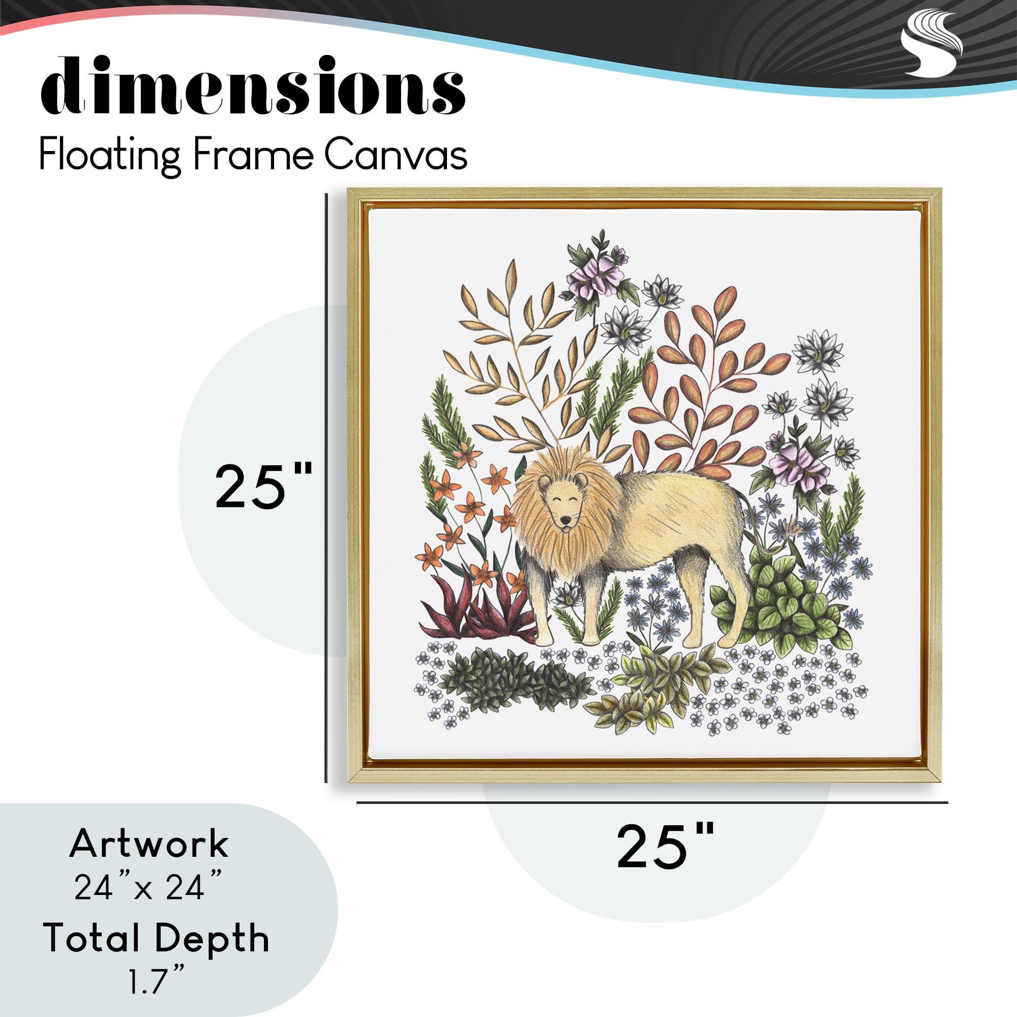 Jungle Wildlife Lion Gold Framed Floater Canvas Wall Art, design by Cecilia Battaini