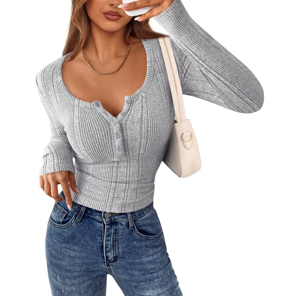 Blusa para Mujer PRETTYGARDEN Otoño 2025 Ajustada Henley Gris Talla L