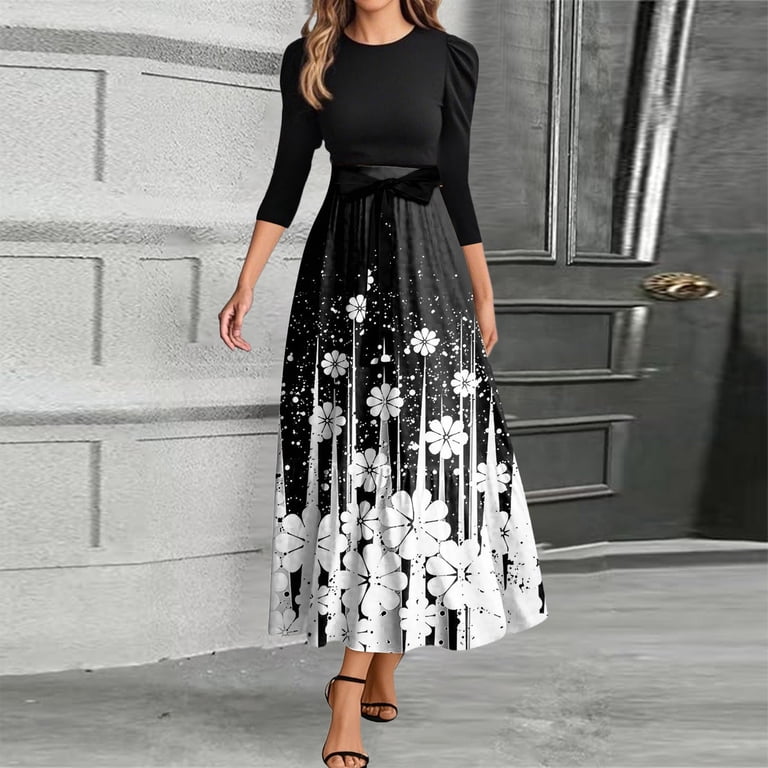 Uocefik Long Floral Dresses for Women 2025 Elegant Boho Tie Belted Patchwork Empire Waist 3/4 Sleeve Modest Flowy Maxi Dress, Black M
