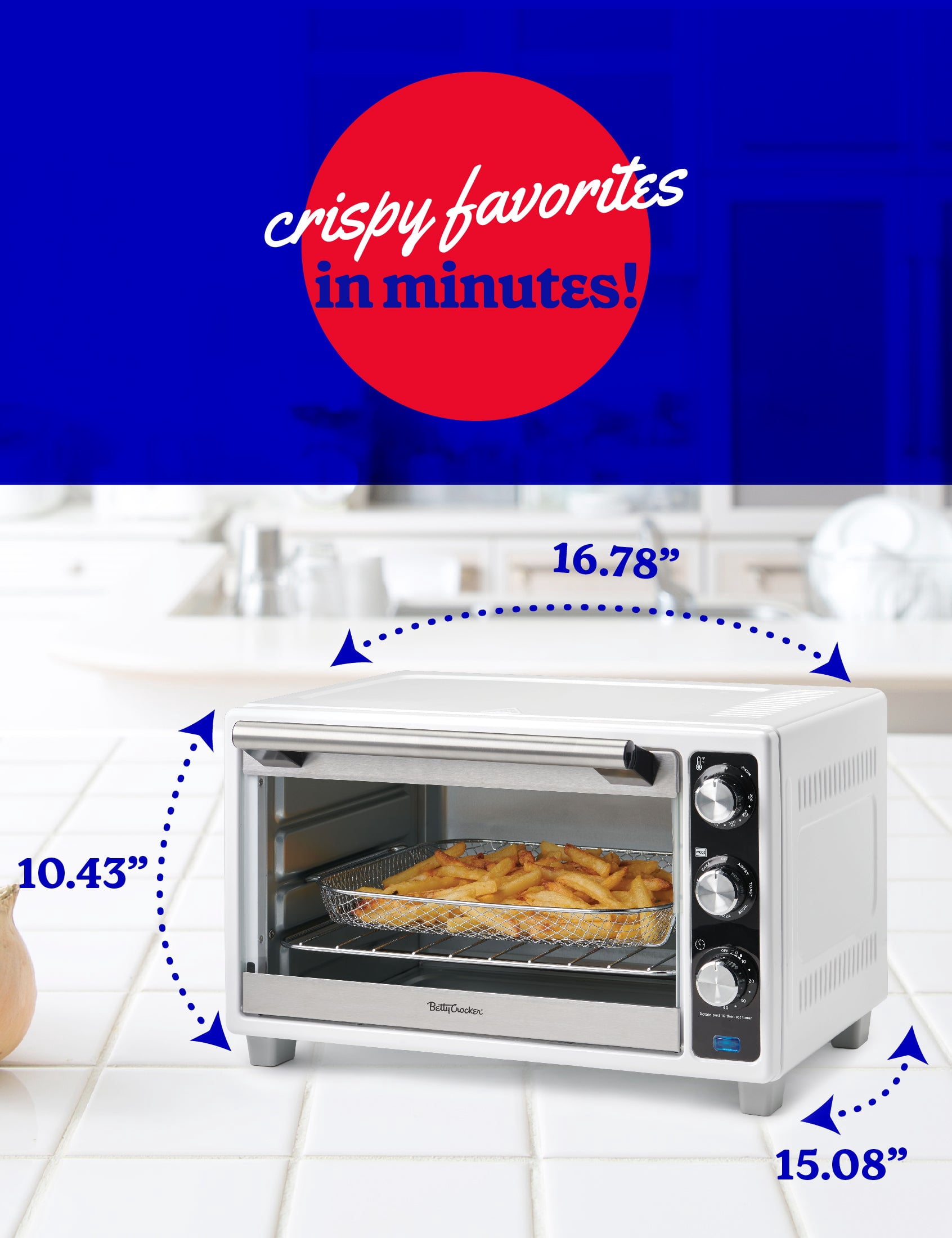 Betty Crocker Air Fryer Convection Toaster Oven, 0.7 Cu. Ft. 22-Liter Capacity, 7 Function Convection Oven with Pizza, Bagel, Roast, Bake & Keep Warm Settings, 1500 Watts, BC-4637W, White