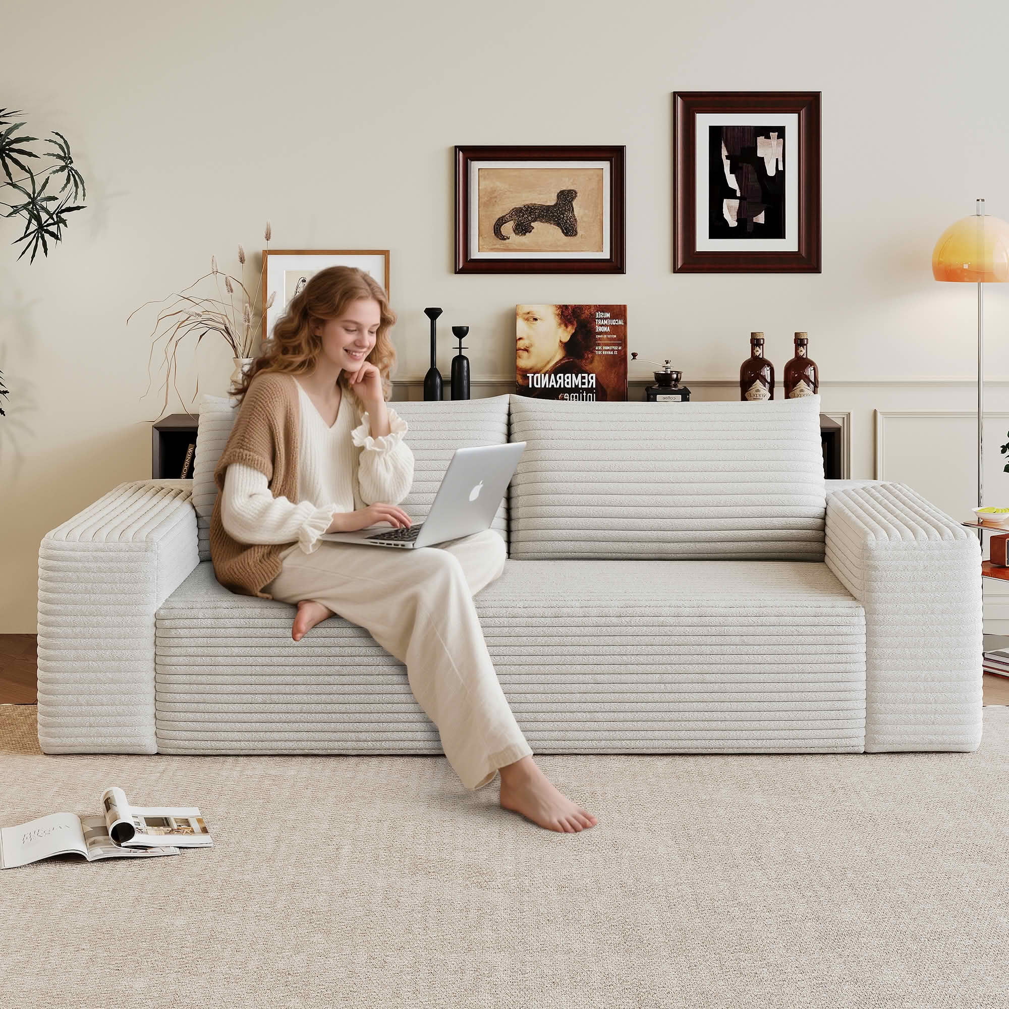 MAYEERTY 71" 3-Seater Corduroy Sofa, Deep Seat Comfy Couch, No Assembly, for Living Room Bedroom Conference Room, White