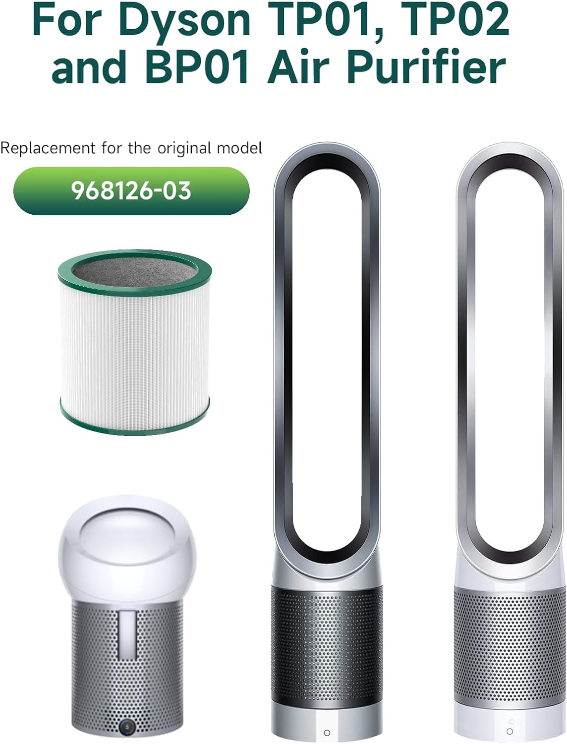2 Pcs TP01 Dyson HEPA Air Filter Replacements for Dyson Pure Cool TP02, TP03, BP01, AM11 Air Purifier, Part # 968126-03, 305158-01, 305159-01, 308400-01, 308401-01