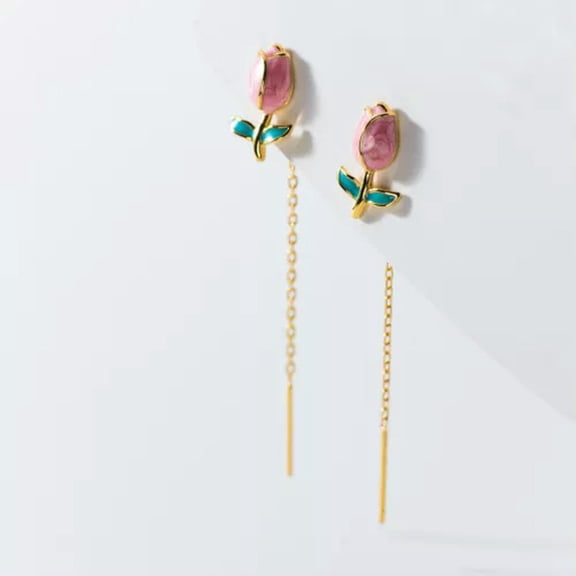K-KED 925 Sterling Silver Rose Earrings Through Threader Long Earrings Gift-Gold