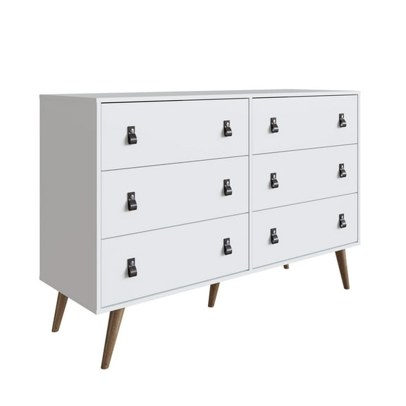 Manhattan Comfort Amber Double Dresser with Faux Leather Handles in White