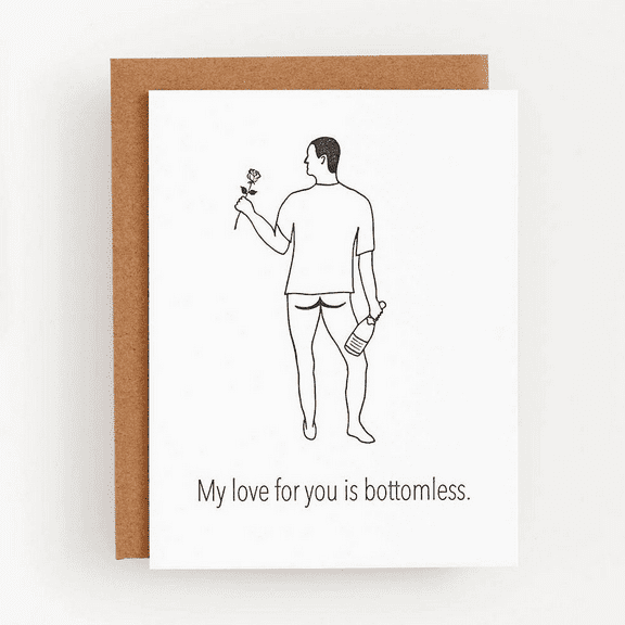 Funny Valentine’s Day Card – “My Love for You is Bottomless” – Humorous Illustration with Rose & Bottle – Blank Inside, Envelope Included – Perfect Gift for Partner or Loved One