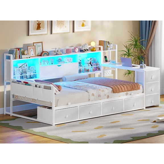 Afuhokles Twin Daybed Frame with Desk and 7 Storage Drawers, Corner Platform Bed with Bookcase Headboard, Smart LED Lights & Charging Station, White