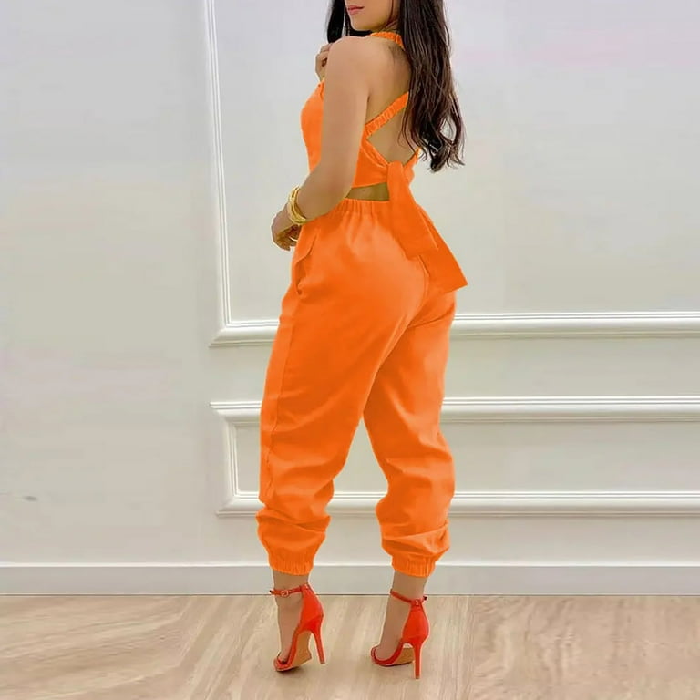 Felirenzacia Women's Jumpsuits Women's Overalls with Suspenders and Printing Casual Jumpsuit, Size: XL, Orange