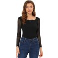 thumbnail image 1 of INSPIRE CHIC Blusas de mujer con cuello cuadrado, malla transparente, manga larga, corte ajustado, top fruncido texturizado Negro S, 1 of 4