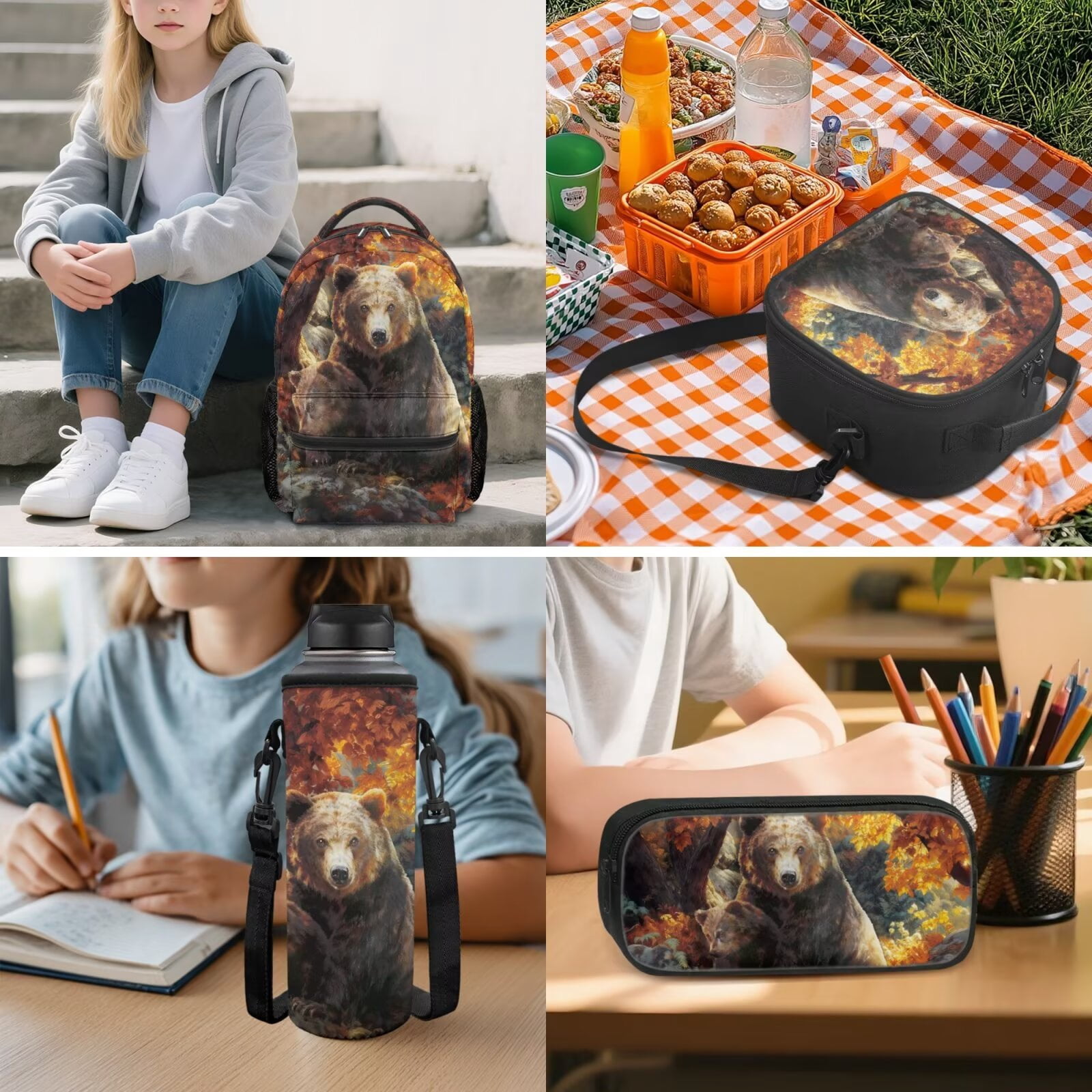 Pzuqiu Bear Print Kids Backpack Set for Boys with Lunch Box Water Bottle Bag Kawaii Backpacks for School with Adjustable Shoulder Strap,5pcs Large Capacity Student Bag