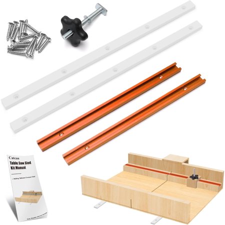 Crosscut Sled Kit for Table Saw Runners, Table Saw Sled Kit with 2 Aluminum T-Track, 2 UHMW Miter Bars, Knob and Bolt, Screws for Tablesaw Woodworking