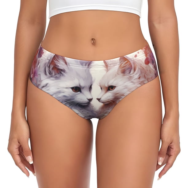 Balery White Red Cat Couple Ropa Interior de Algodón para Mujer con Dibujo – Braguitas Cómodas y Elásticas, Estilo Clásico-X-Small