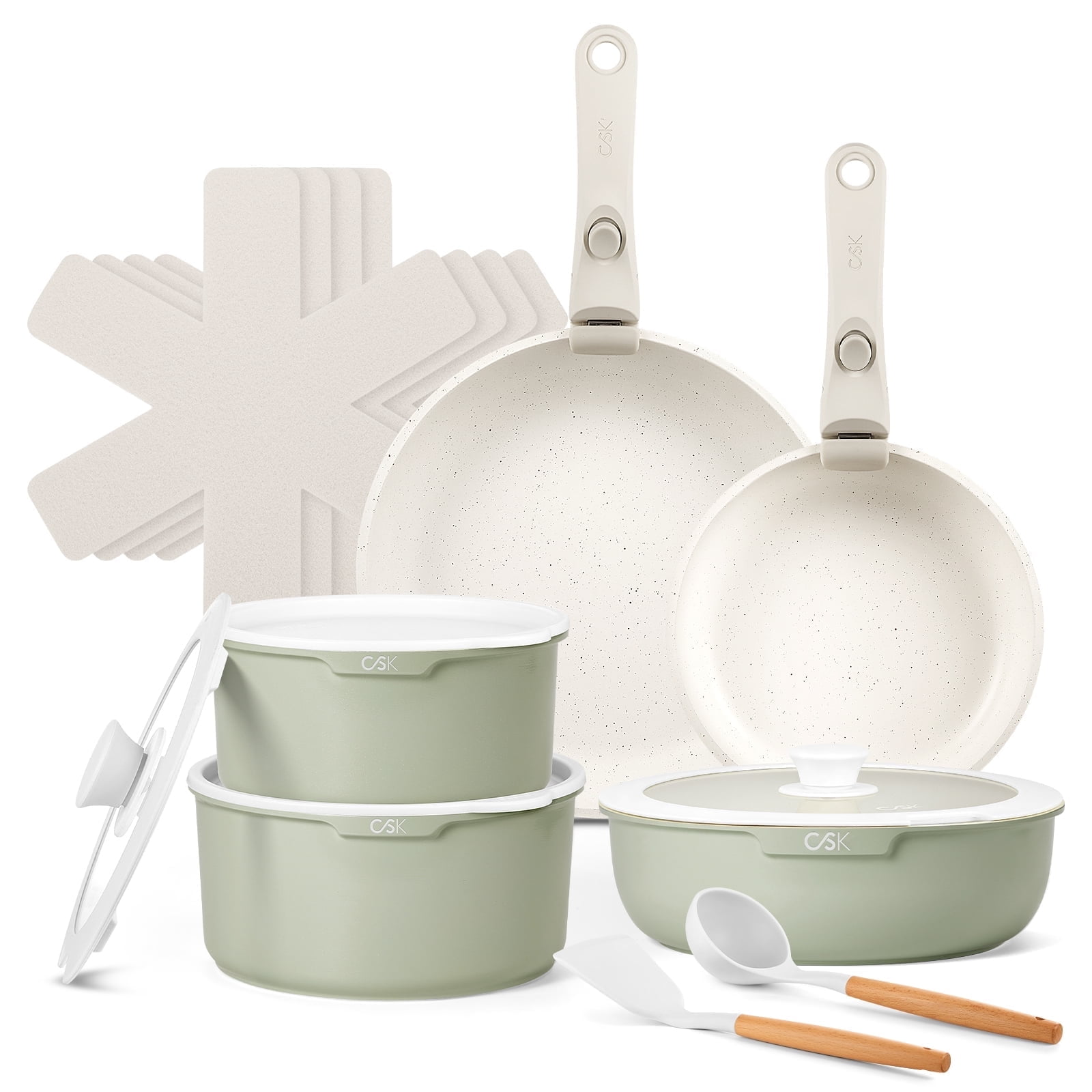 Koch Systeme CS Nonstick 17-Piece Pots and Pans Set, Nonstick Cookware Set Detachable Handle, Induction Kitchen Cookware Sets Non Stick with Removable Handle, Green