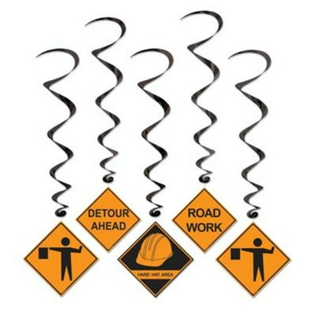 Pack of 30 Assorted Yellow and Black Construction Sign Metallic Hanging Party Decoration Whirls 40