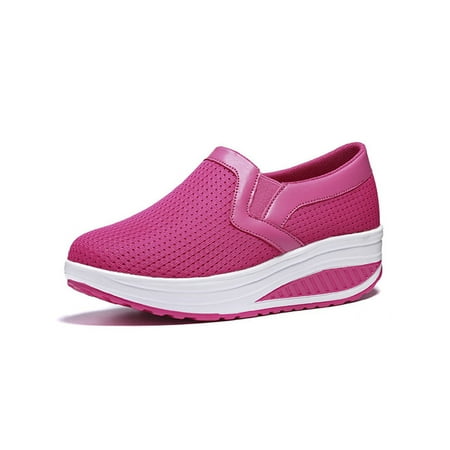

UKAP Women Walking Shoe Platform Sneakers Slip On Casual Shoes Thick Sole Flats Womens Wedge Rocker Heel Rose Red 9