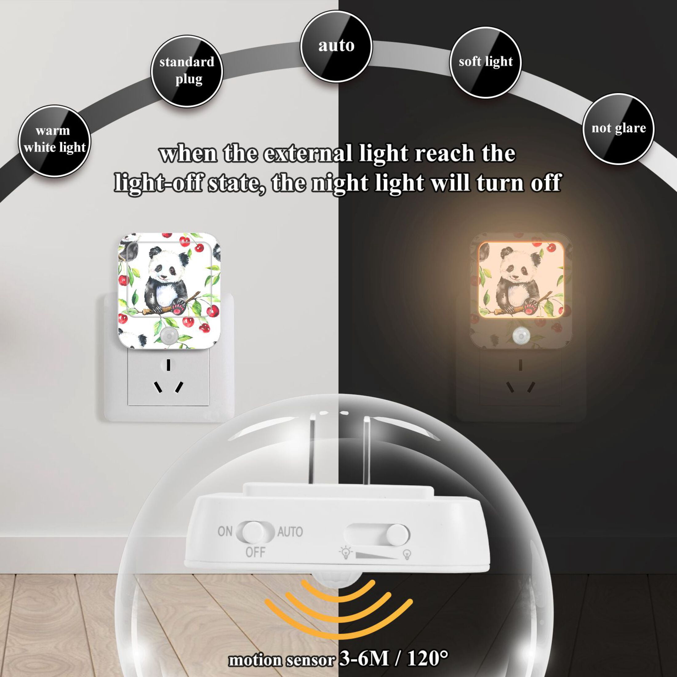 Baby Panda Cherry Night Lights Plug into Wall LED with Auto Light Sensor Warm Light for Kids Hallway Bedroom Living Room Kitchen Bathroom Set of 2