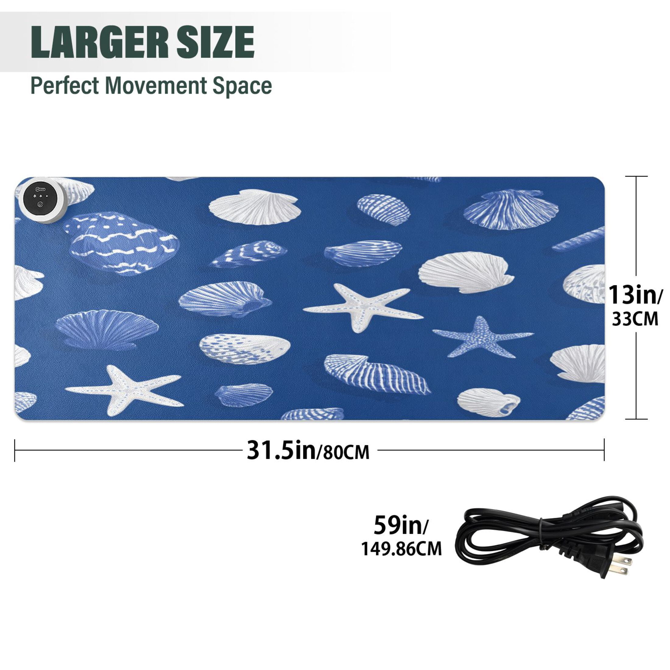 Large Heated Desk Mat Mouse Pad 31.5"x13"PU Leather Graphene Heating Desk Warmer with 3 Temperature Settings 110V US Plug Non-Slip Warm Pad for Home, Office, and Gaming Fresh Coastal Seashell Pattern