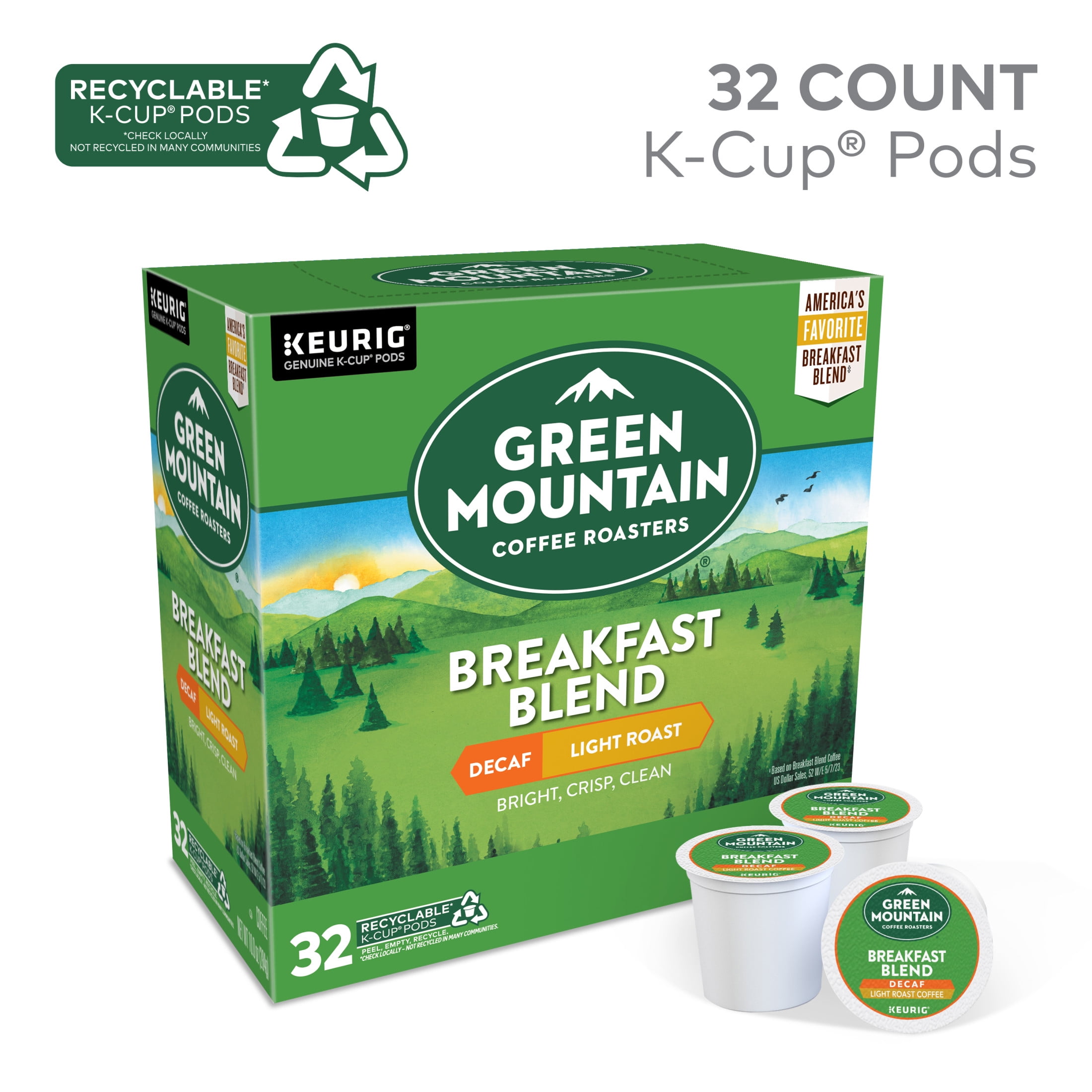 Green Mountain Coffee Roasters, Decaf Breakfast Blend Light Roast K-Cup Coffee Pods, 32 Count