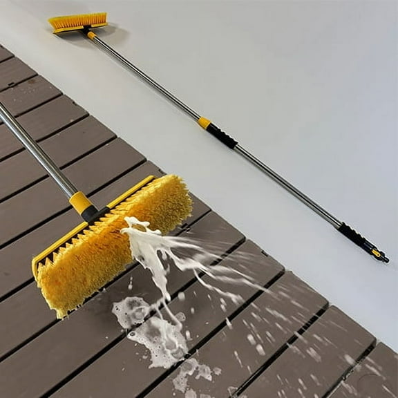 Long Handle Scrub Brush 64” to 40" Adjustable Flow-Through Design, Water Control Switch, Soft Bristles & Squeegee – Great for Kennel Cleaning, RVs, Boats, Cars (Garden Hose Compatible)