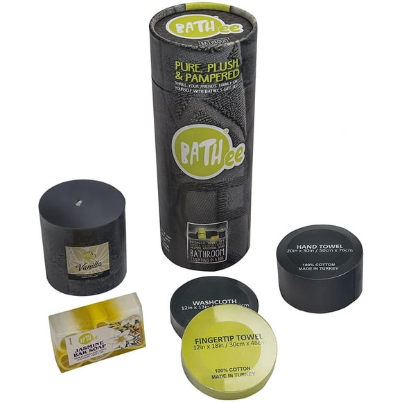 BATHee Ensemble-cadeau Varié (Lot de 5) - Comprend une Serviette à Main en Coton Turc, un Gant de Toilette, une Serviette pour le Bout des Doigts, une Barre de Savon à l'Huile d'Olive et au Jasmin et une Bougie Parfumée à la Vanille – Trousse-Cadeau pour la Maison et le Bain pour Hommes et Femmes