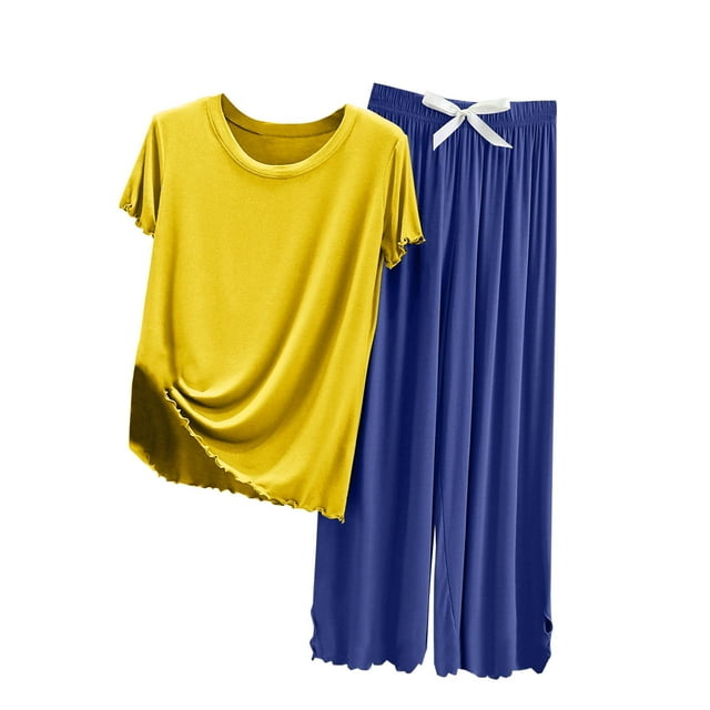 Yuyuzo Womens Pajamas Set Lounge Ruffle Crewneck Short Sleeve Tshirts Sleepwear High Waisted Wild Leg Pants Set