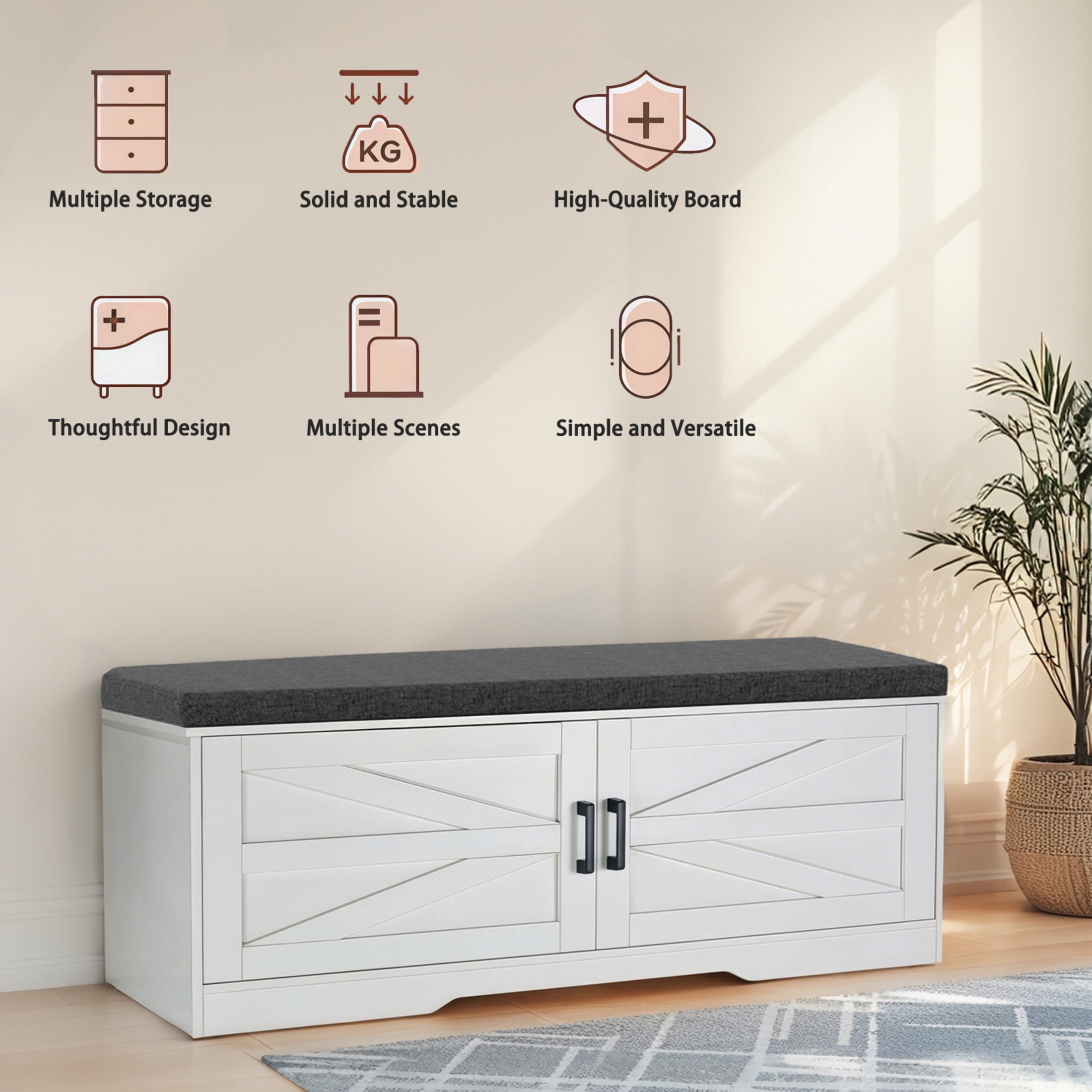 Noble House 2-Tier Storage Bench, Farmhouse Shoe Bench with Cushion, Barn Doors, for Entryway, Hallway, White