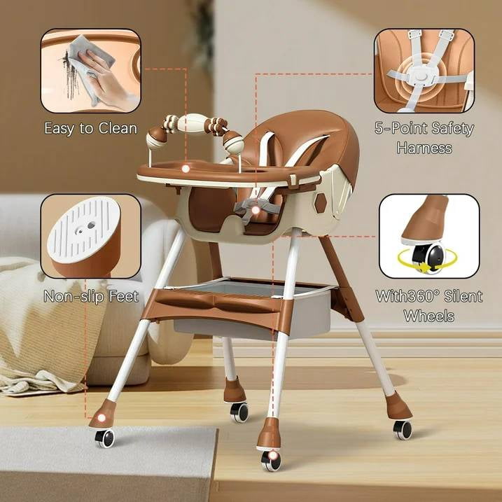 JieC Baby High Chair, 4 in 1 Convertible Highchair for Babies & Toddlers, Double Tray Dining Chair with 5-Point Harness & Silent Wheel,Brown