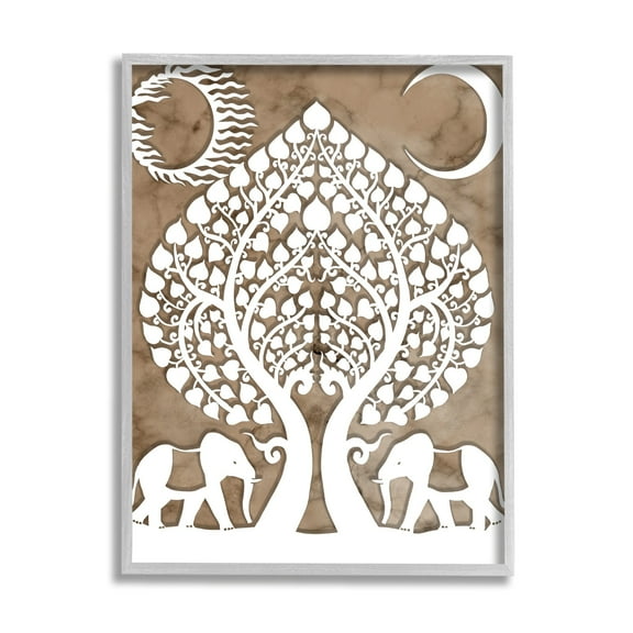 Stupell Industries Boho Elephants Tree of Life Abstract Sun Moon Graphic Art Gray Framed Art Print Wall Art, 11x14, by Daphne Polselli