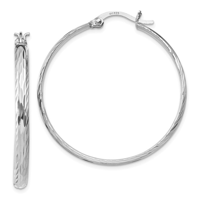 Sterling Silver Rhodium-plated Polished Textured Large Round Hoops QE11490