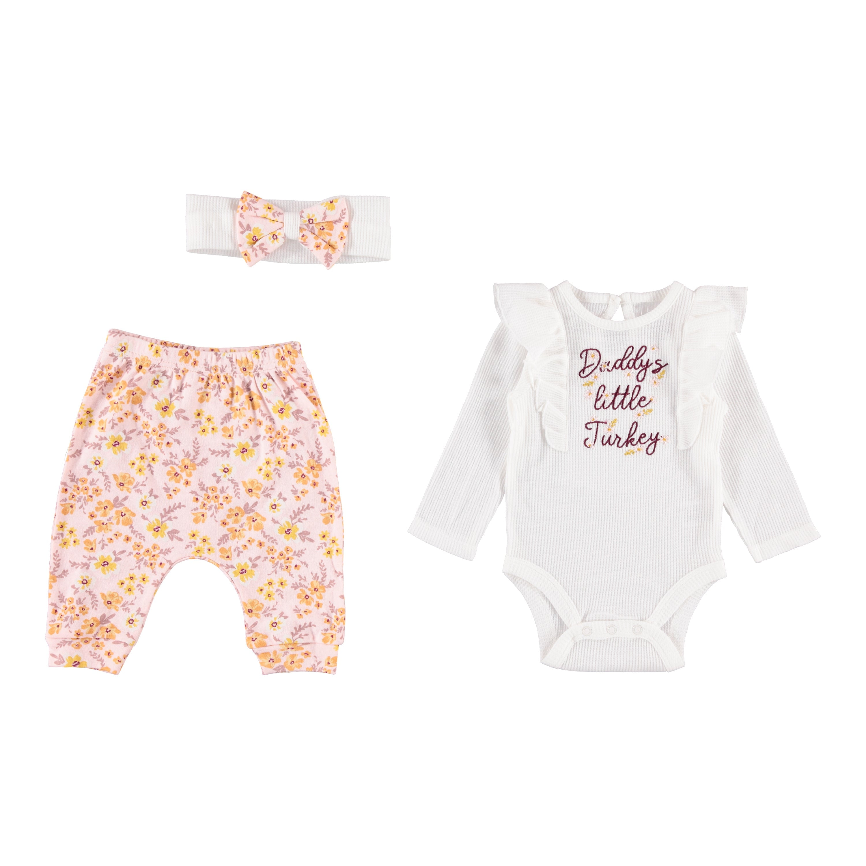 Cutie Pie Baby Girl Newborn Essentials Baby Onesie Bodysuit Set, 3-Piece Floral Thanksgiving Attire, 6-9M