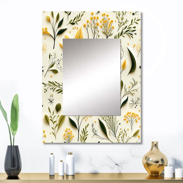 Designart "Simplicity In Yellow And Green Florals" Floral Wall Mirror, Printed Yellow Wall Mirror, Traditional Bathroom Wall Mirror, Decorative Floral Mirror - 24x32 Inch