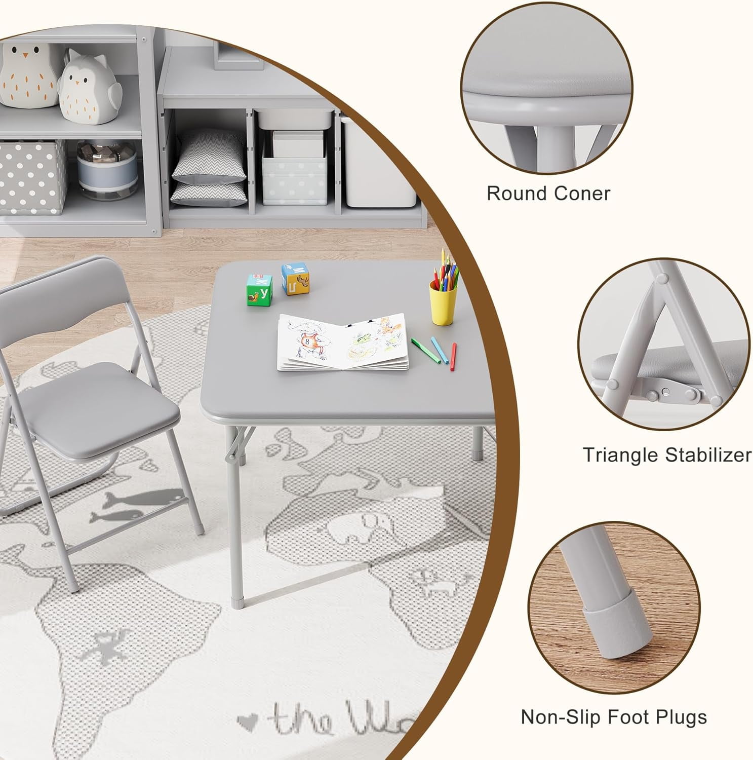 COZONY 3 Piece Kids Folding Table and Chair Set, Pu Soft Cushion, Portable Table and Chair Set for Playing, Reading, Eating, Gray