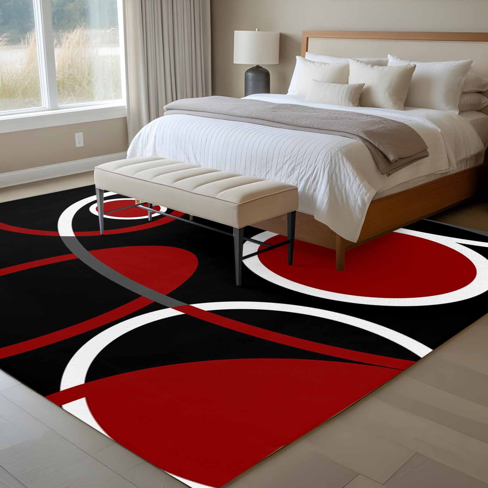 8x10 Area Rugs for Living Room, Black Red Non Slip Area Rugs for Kitchen Bedroom Entryway, White Circle Geometric Abstract Texture Washable Carpet Runner Rug Floor Mats for Bedroom Home Decor