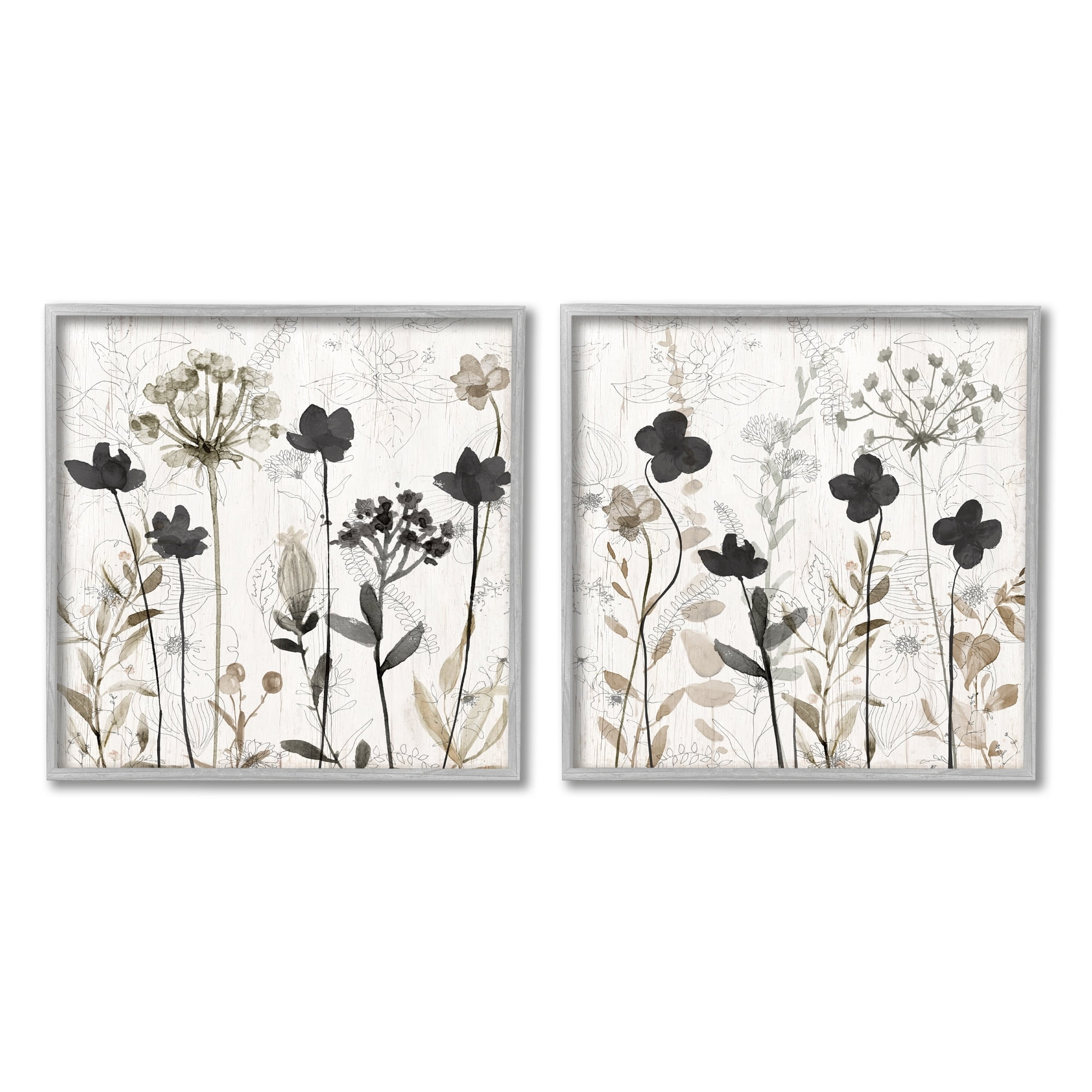 Stupell Industries Neutral Flower Hues Rustic Boho Botanical & Floral Painting Gray Framed Art Print Wall Art, Set of 2