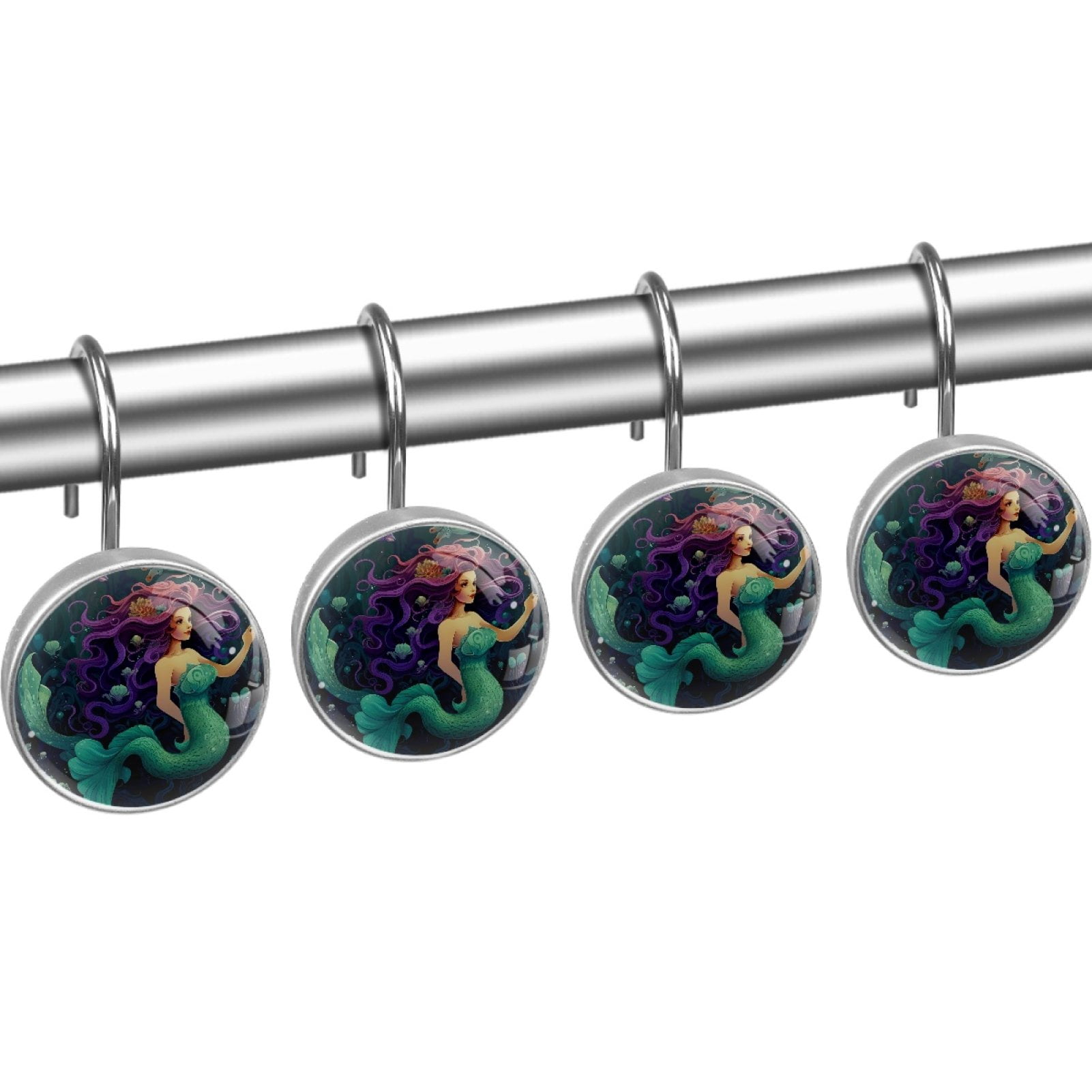HemaKayy 12 Pcs Decorative Shower Curtain Hooks - Stainless Steel Rings for Bathroom Décor - Easy Glide & Secure Hold - Perfect Decoration for Bathroom Shower Rods - Ocean World Mermaid