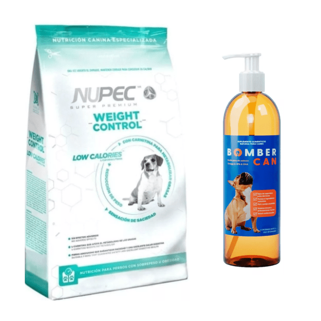 Combo Croquetas para perro Nupec Mediano Weight Control 15 kg con Bomber can aceite de salmon 1l