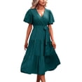 thumbnail image 1 of B91xZ Beach Dresses for Women V Neck Ruffle Short Sleeve Simple Solid Color Casual Summer Dress,GN1 XL, 1 of 4
